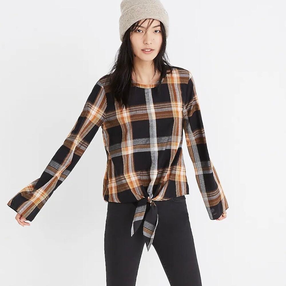 MADEWELL Plaid Tie Front Keyhole Top Medium M